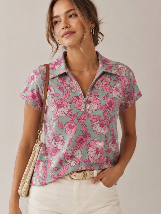 Maeve Tops - Maeve Anthropologie Floral Jacquard Sz M Quarter Zip Polo Top Pink Green Preppy